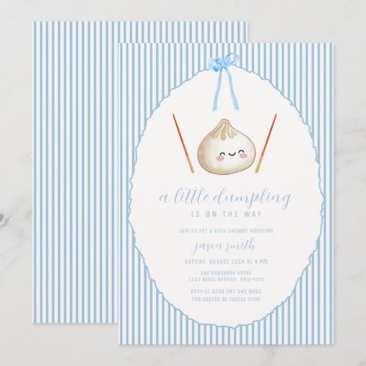 Blue Modern Boy Bow Asian Dumpling Baby Shower  招待状 (正面/裏面)