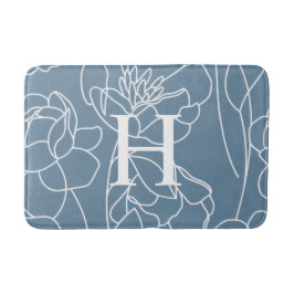 Blue Modern Elegant Wildflower Monogram バスマット