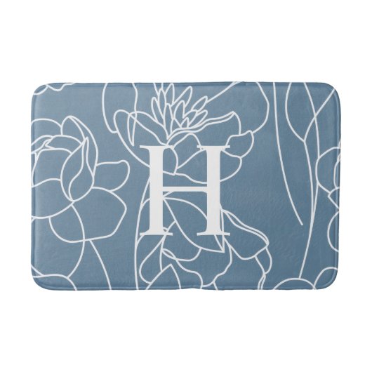 Blue Modern Elegant Wildflower Monogram バスマット (正面)