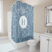 Blue Modern Elegant Wildflower Monogram Name シャワーカーテン (インサイチュ)