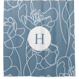 Blue Modern Elegant Wildflower Monogram Name シャワーカーテン