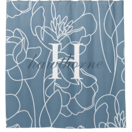 Blue Modern Elegant Wildflower Monogram Name シャワーカーテン