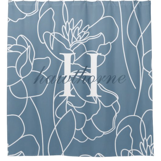 Blue Modern Elegant Wildflower Monogram Name シャワーカーテン (正面)