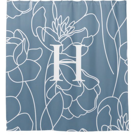 Blue Modern Elegant Wildflower Monogram Name シャワーカーテン (正面)