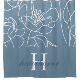 Blue Modern Elegant Wildflower Monogram Name シャワーカーテン