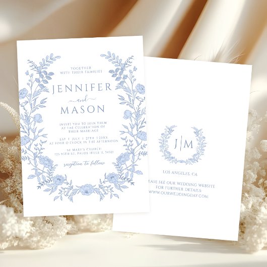 Blue Modern Floral Wreath Boho Wedding 招待状