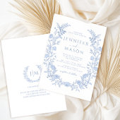 Blue Modern Floral Wreath Boho Wedding 招待状