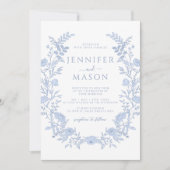 Blue Modern Floral Wreath Boho Wedding 招待状 (正面)