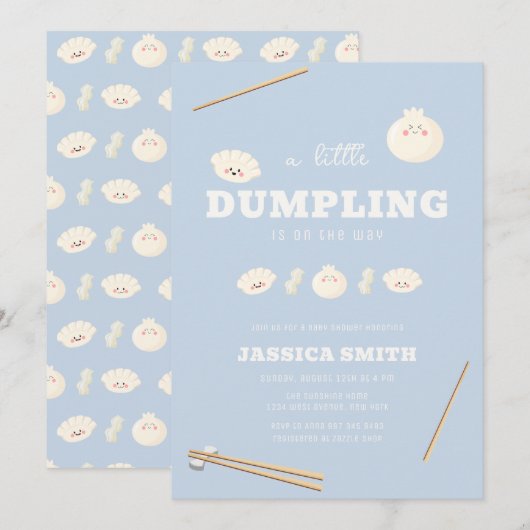 Blue Modern Kawaii Bao Dumpling Baby Shower  招待状 (正面/裏面)