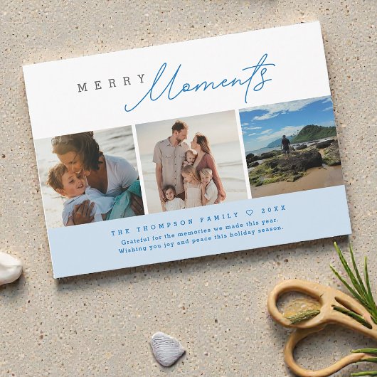 Blue Modern Merry Moments Beach Photos Holiday シーズンカード