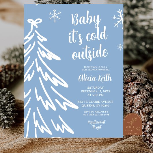 Blue Modern Minimalist Winter Baby Shower 招待状