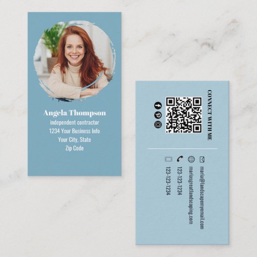 Blue Modern Photo QR Code Custom 名刺 (正面/裏面)