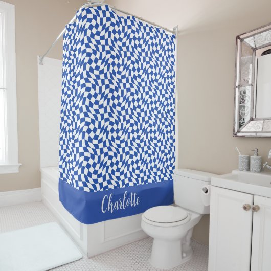 Blue modern retro swirl checkered custom name シャワーカーテン (インサイチュ)