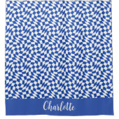 Blue modern retro swirl checkered custom name シャワーカーテン (正面)