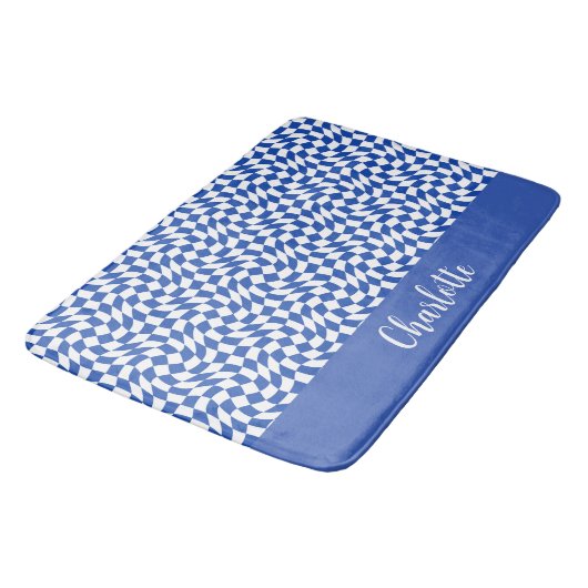 Blue modern retro swirl checkered custom name バスマット (アングル)