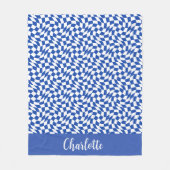 Blue modern retro swirl checkered custom name フリースブランケット (正面)