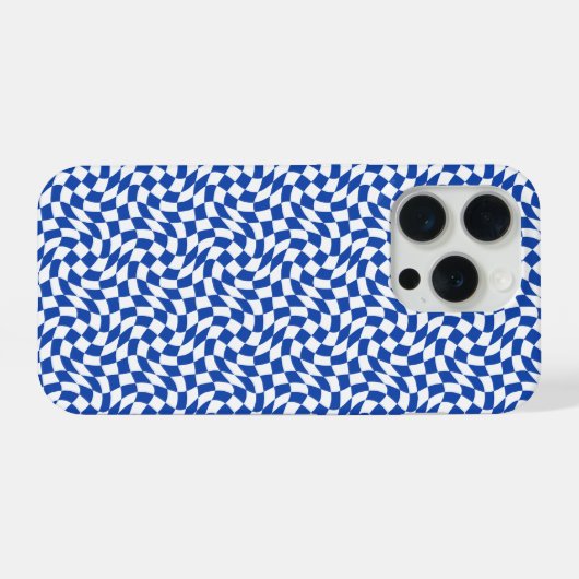 Blue modern retro swirl checkered iPhoneケース (裏面横)