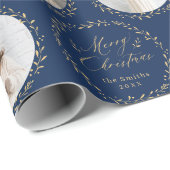 Blue Modern Script Merry Christmas Family 6 photo ラッピングペーパー (ロールコーナー)