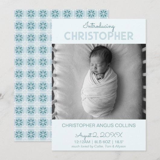 Blue Modern Tile Birth Announcement Card (正面/裏面)