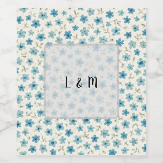 Blue Modern tiny flowers  ワインラベル (シングルラベル)