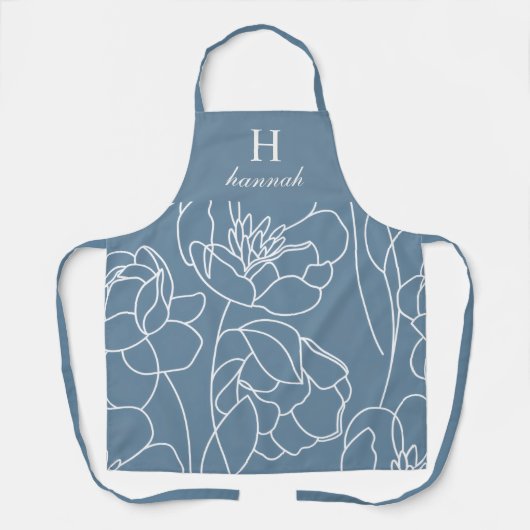 Blue Modern Wildflower Custom Monogram Name Apron エプロン (正面)