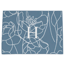 Blue Modern Wildflower Monogram Name ラージペーパーバッグ