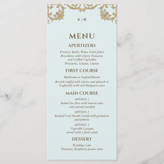Blue Monogram Baroque Christian Wedding Menu メニュー (正面)