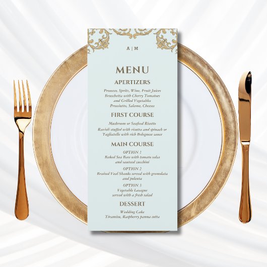 Blue Monogram Baroque Christian Wedding Menu メニュー
