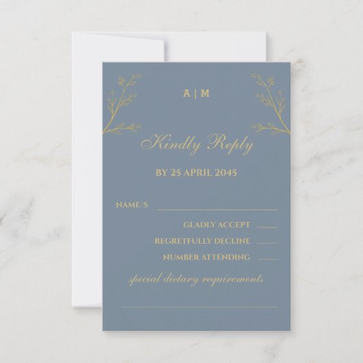 Blue Monogram Botanical Christian Wedding RSVP  (正面)