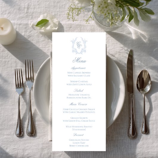 Blue Monogram Crest Wedding Reception Menu Card セーブザデート
