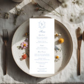 Blue Monogram Crest Wedding Reception Menu Card セーブザデート