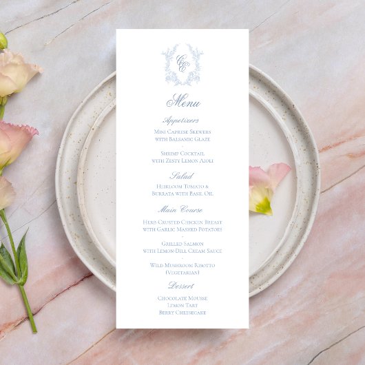 Blue Monogram Crest Wedding Reception Menu Card セーブザデート