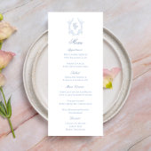 Blue Monogram Crest Wedding Reception Menu Card ラックカード