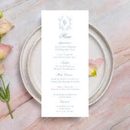 Blue Monogram Crest Wedding Reception Menu Card ラックカード