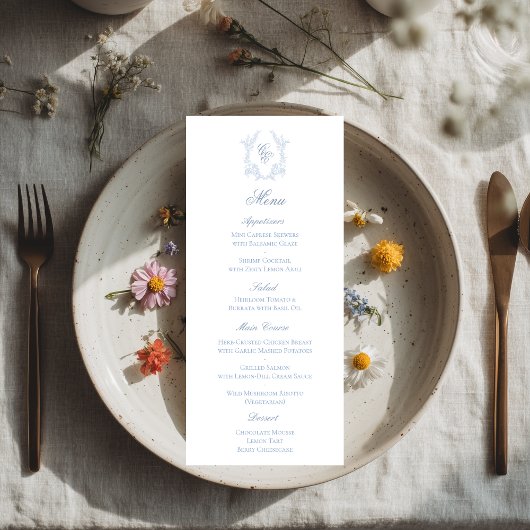 Blue Monogram Crest Wedding Reception Menu Card ラックカード