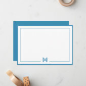 Blue Monogram Double Border Stationery ノートカード (正面/裏面インサイチュ)