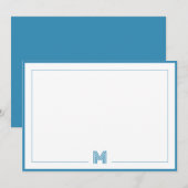 Blue Monogram Double Border Stationery ノートカード (正面/裏面)