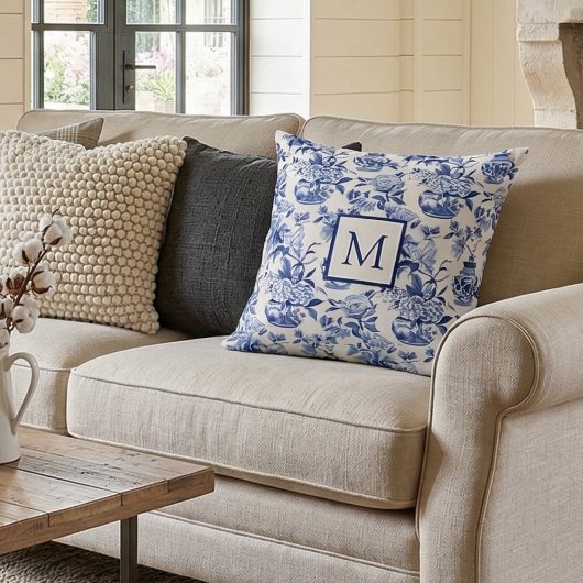 Blue Monogram French Country Throw Pillow クッション