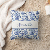 Blue Monogram Name French Country Throw Pillow クッション (ブランケット)