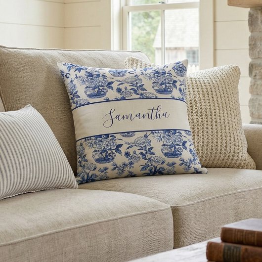 Blue Monogram Name French Country Throw Pillow クッション