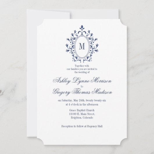 BLUE Monogram Wedding Invitation 招待状 (正面)