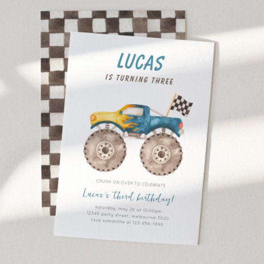 Blue Monster Truck Any Age Birthday Party 招待状