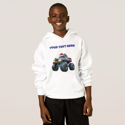 Blue Monster Xmas Truck Editable Boys Hoodie (正面フル)