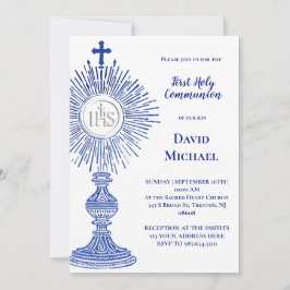 blue monstrance design | First Holy Communion 招待状