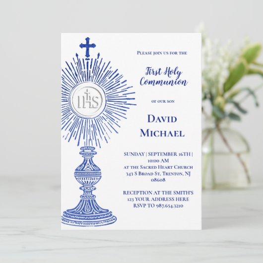 blue monstrance design | First Holy Communion 招待状 (スタンド正面)