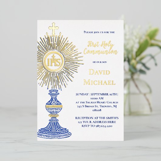 blue monstrance design | First Holy Communion 箔招待状 (立ち正面)