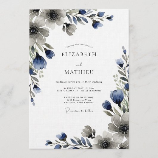 Blue Moody Floral Wedding 招待状 (正面)
