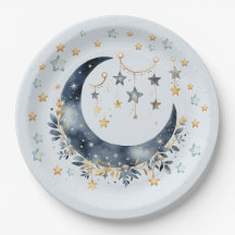 Blue Moon Stars Boy Baby Shower Paper Plate