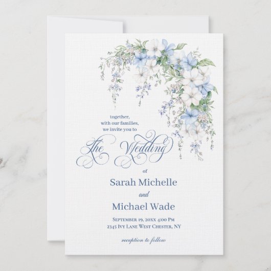 Blue Morning Glory Calligraphy Wedding Invitation 招待状 (正面)