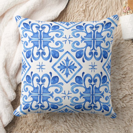 Blue Moroccan Zellige Pattern Throw Pillow クッション (ブランケット)